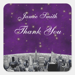 Etched NYC Skyline 2 Purple Gold Star Thank You Square Sticker