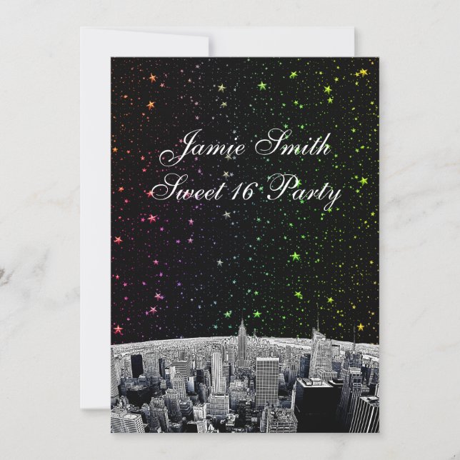 Etched NYC Skyline 2 Rainbow Star Sweet 16 V Invitation (Front)
