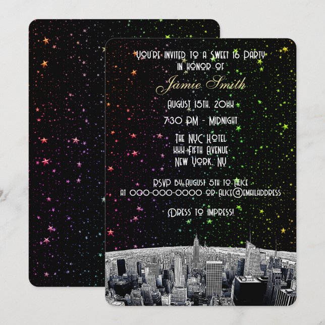 Etched NYC Skyline 2 Rainbow Star Sweet 16 V Invitation (Front/Back)