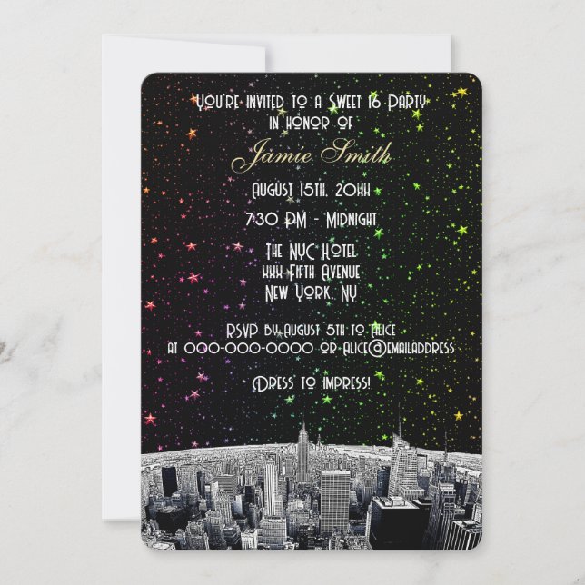 Etched NYC Skyline 2 Rainbow Star Sweet 16 V Invitation (Front)