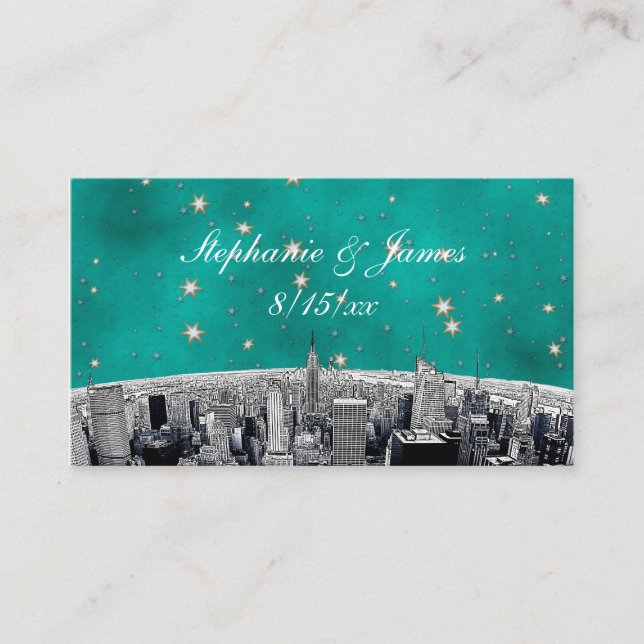 Etched NYC Skyline 2 Teal Gold Star Place Cards (Front)