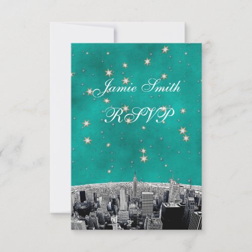 Etched NYC Skyline 2 Teal Gold Star RSVP w Menu