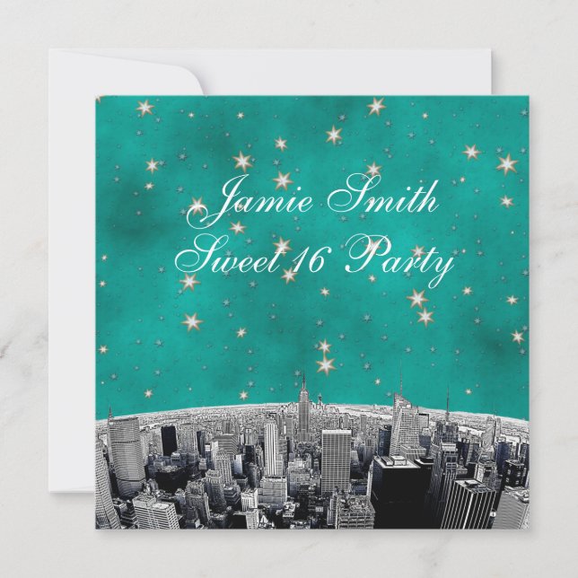 Etched NYC Skyline 2 Teal Gold Star Sweet 16 Invitation (Front)