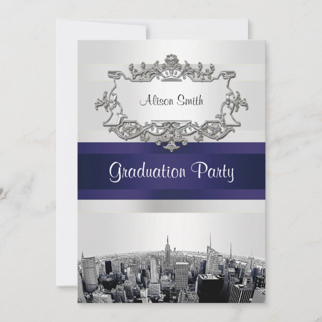 Etched NYC Skyline 2 White BG Blu Ribbn Graduation Invitation (Front)