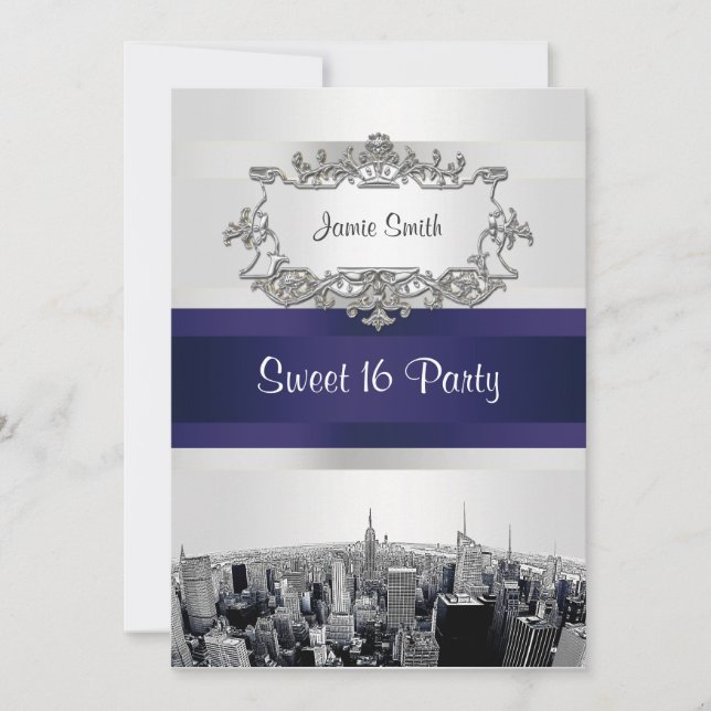 Etched NYC Skyline 2 White, Blue Ribbon Sweet 16 Invitation (Front)