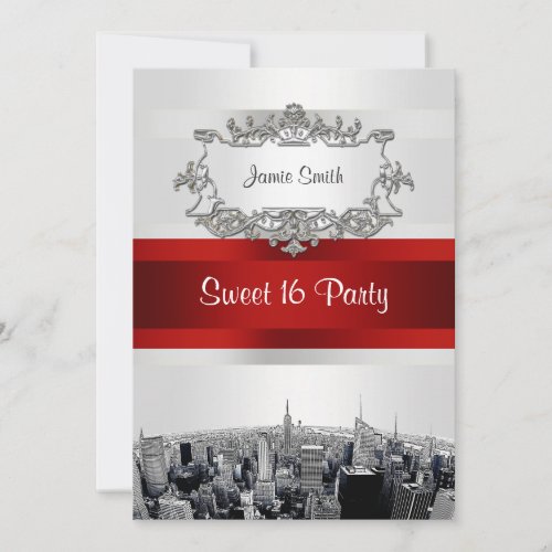 Etched NYC Skyline 2 White, Red Ribbon Sweet 16 Personalized Invite