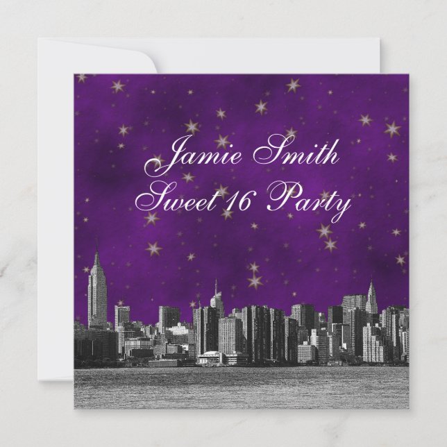 Etched NYC Skyline #3 Purple Gold Star Sweet 16 Invitation (Front)