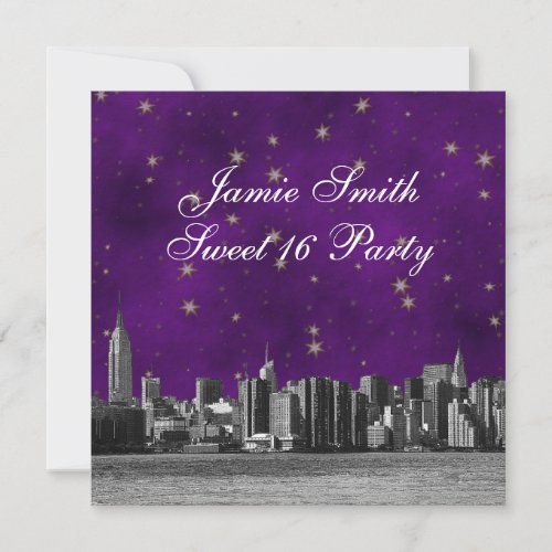 Etched NYC Skyline #3 Purple Gold Star Sweet 16 Personalized Invites