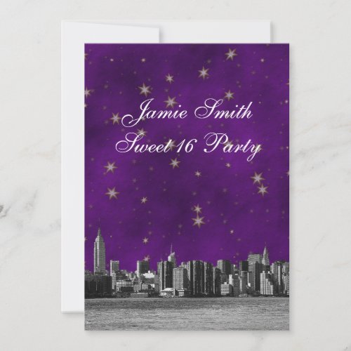 Etched NYC Skyline #3 Purple Gold Star Sweet 16 V Personalized Announcement