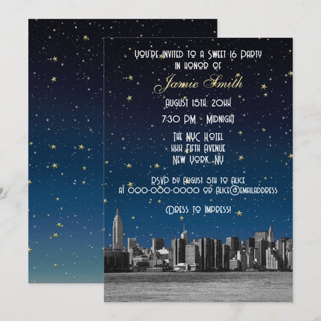 Etched NYC Skyline #3 Starry Blu Sunset Sweet 16 V Invitation (Front/Back)