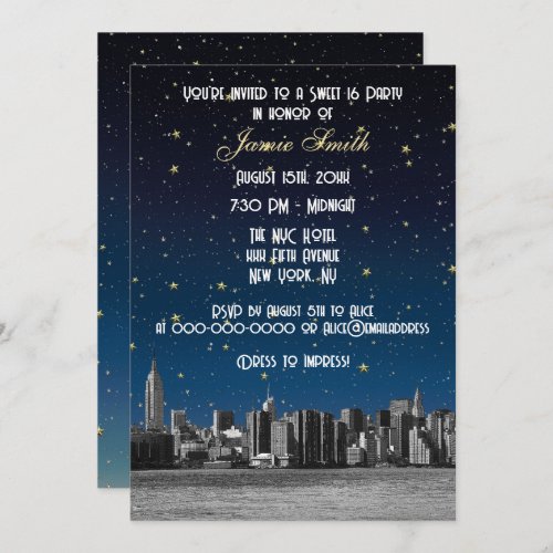 Etched NYC Skyline #3 Starry Blu Sunset Sweet 16 V Invitation