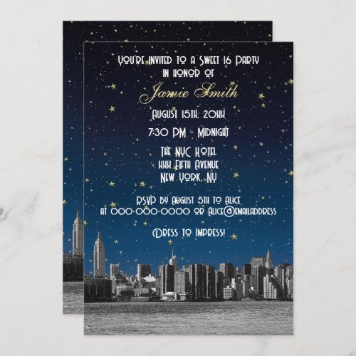 Etched NYC Skyline 3 Starry Blu Sunset Sweet 16 V Invitation