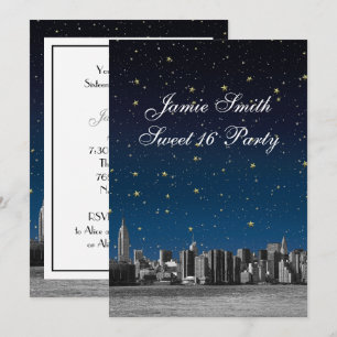 Etched NYC Skyline #3 Starry Blu Sunset Sweet 16 V Invitation