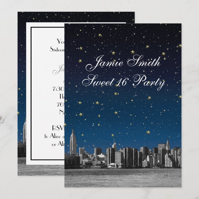 Etched NYC Skyline #3 Starry Blu Sunset Sweet 16 V Invitation (Front/Back)