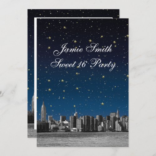 Etched NYC Skyline 3 Starry Blu Sunset Sweet 16 V Invitation