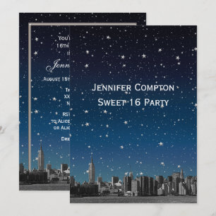 Etched NYC Skyline #3V2 Starry Blu Sunset Sweet 16 Invitation