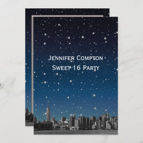 Etched NYC Skyline 3V2 Starry Blu Sunset Sweet 16 Invitation