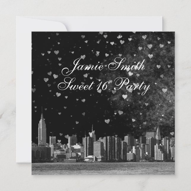 Etched NYC Skyline Black BG White Heart Sweet 16 Invitation (Front)