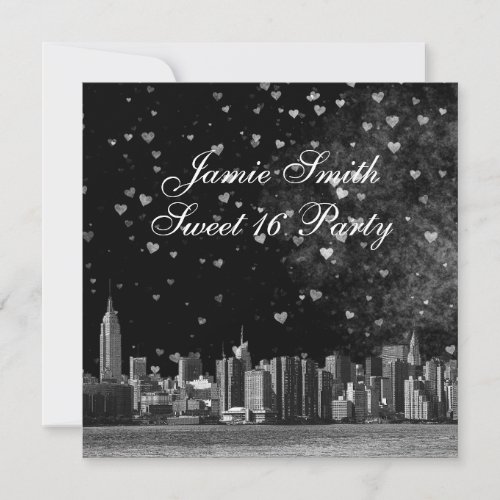 Etched NYC Skyline Black BG White Heart Sweet 16 Announcement