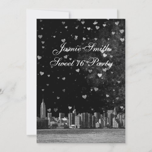 Etched NYC Skyline Black BG White Heart Sweet 16 V Card