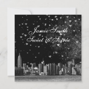 Etched NYC Skyline Black BG Wht Heart Sweet 16 SQ2 Invitation