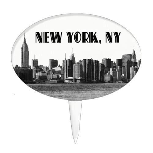 Etched NYC Skyline Black White Cake Topper