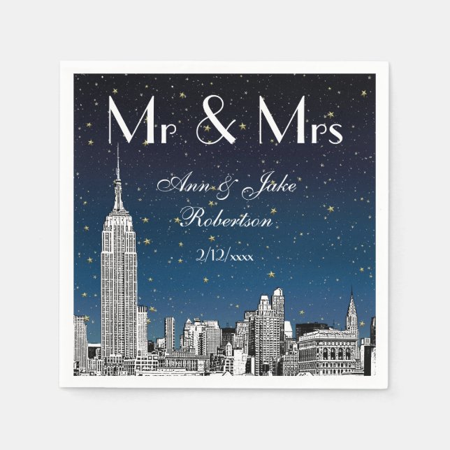 Etched NYC Skyline Blue Starry Wedding #2 Paper Napkins (Front)