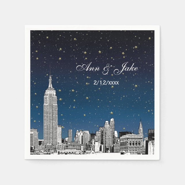 Etched NYC Skyline Blue Starry Wedding Napkins (Front)