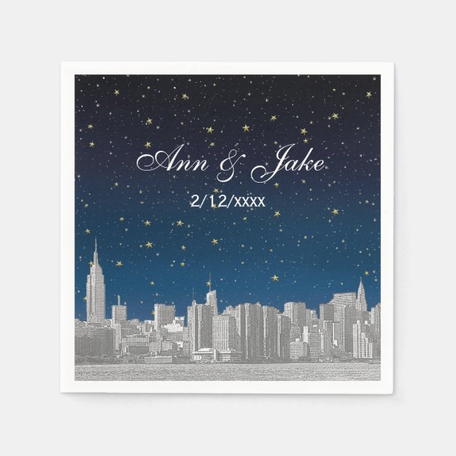Etched NYC Skyline Blue Starry Wedding Napkins (Front)