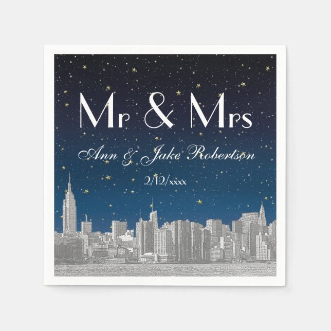 Etched NYC Skyline Blue Starry Wedding Napkins (Front)