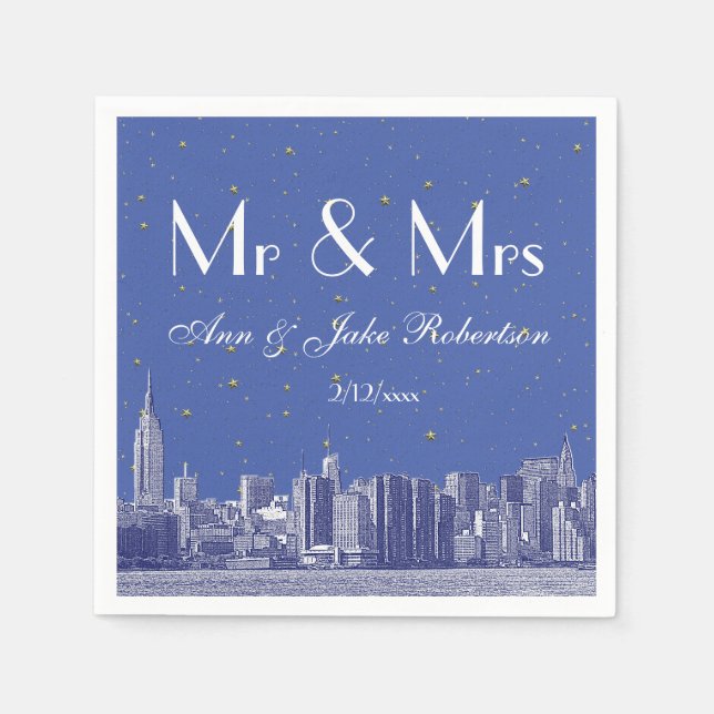 Etched NYC Skyline DIY BG Blue Starry Wedding Napkins (Front)