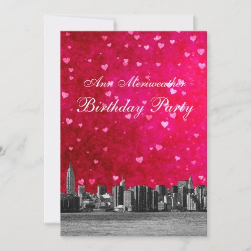 Etched NYC Skyline Hot Pink Red Heart Birthday V Announcement