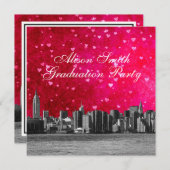 Etched NYC Skyline Hot Pink Red Heart Graduation Invitation (Front/Back)