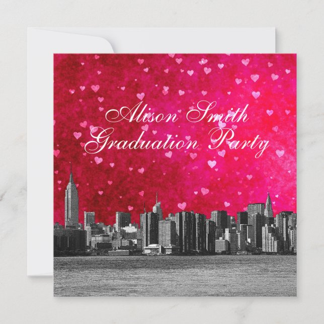 Etched NYC Skyline Hot Pink Red Heart Graduation Invitation (Front)