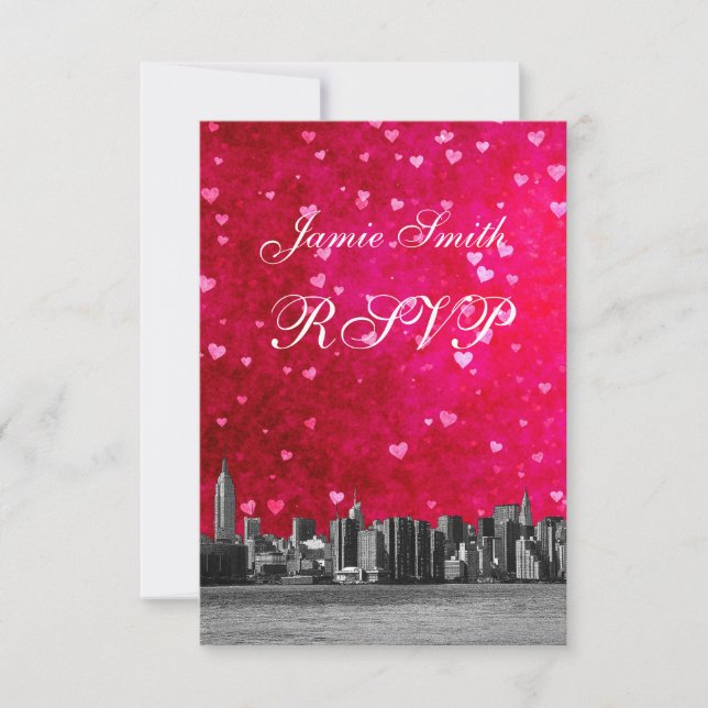 Etched NYC Skyline Hot Pink Red Heart RSVP w Menu (Front)