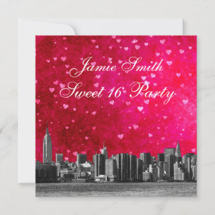 Etched NYC Skyline Hot Pink Red Heart Sweet 16 Invitation