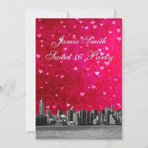 Etched NYC Skyline Hot Pink Red Heart Sweet 16 V Invitation