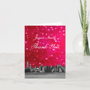 Etched NYC Skyline Hot Pink Red Heart Thank You Card