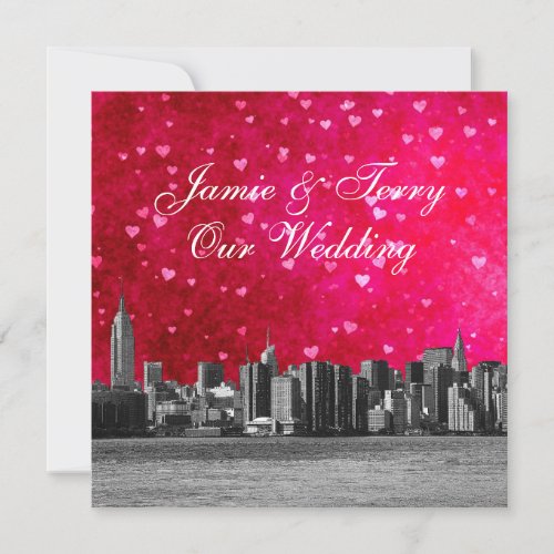 Etched NYC Skyline Hot Pink Red Heart Wedding Invitation