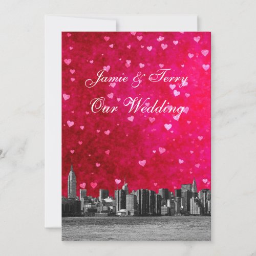 Etched NYC Skyline Hot Pink Red Heart Wedding Invitation