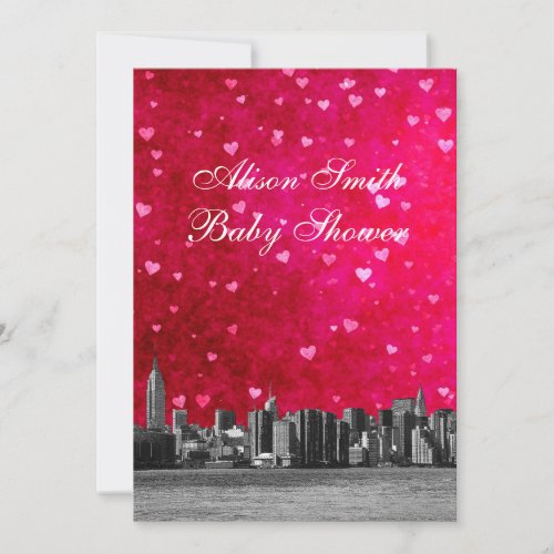 Etched NYC Skyline Hot Pink Red Hrt Baby Shower V Invitation