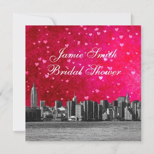 Etched NYC Skyline Hot Pink Red Hrt Bridal Shower Invite