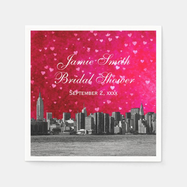Etched NYC Skyline Hot Pink Red Hrt Napkins (Front)