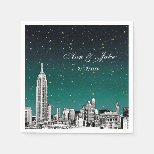 Etched NYC Skyline Shades of Teal Starry Wedding Napkins (Front)