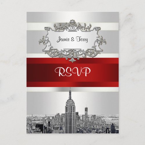 Etched NYC Skyline White BG Red Ribbon  RSVP 1 Invitation Postcard