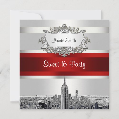 Etched NYC Skyline White Red Rbn Sweet 16 Party Invitation