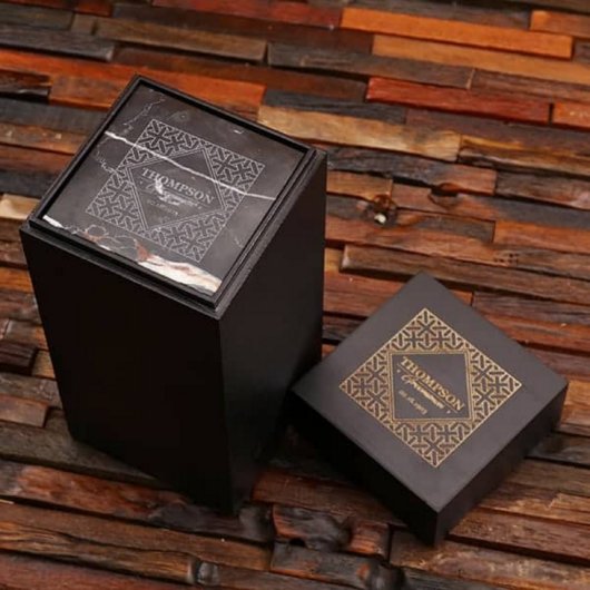 Etched Rocks Glasses w/ Beautiful Marble Coasters  (Front)