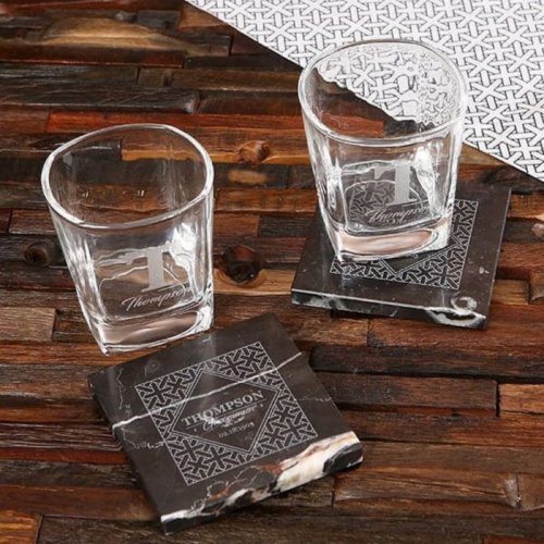 Etched Rocks Glasses w Beautiful Marble Coasters 