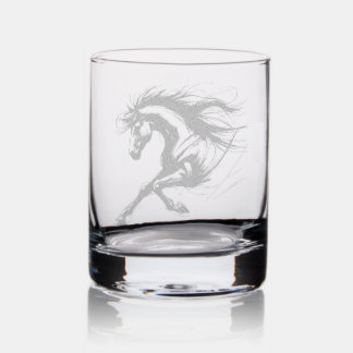 Etched Running Horse Cabin Barware Rocks Glass
