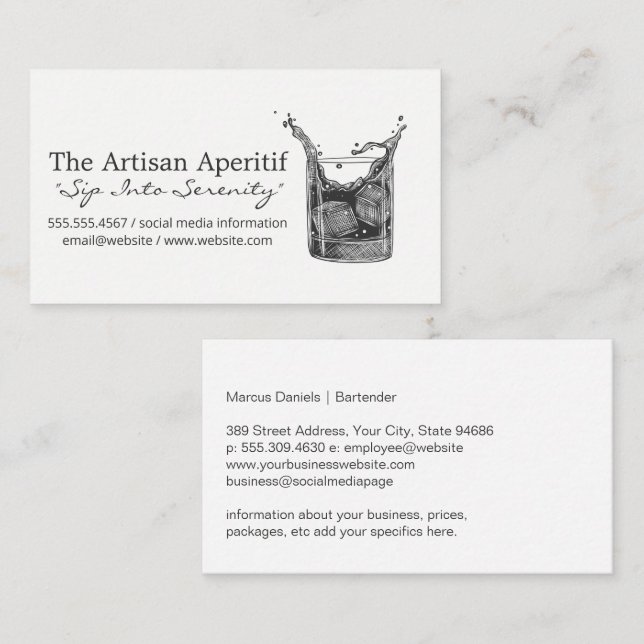Etched Style Glass of Whiskey | Cocktail Bar Business Card (Front/Back)